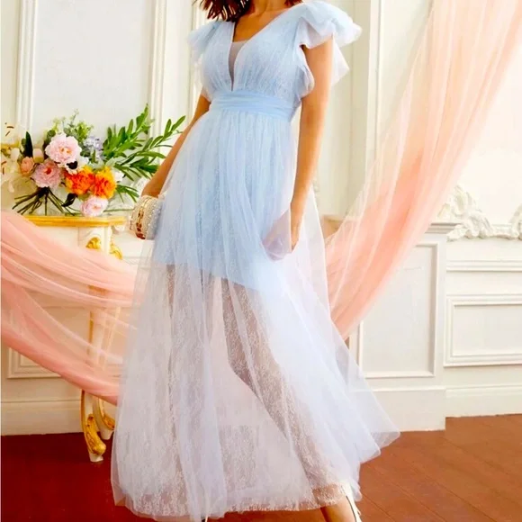 knee length dresses for ladies Off the Shoulder Blue Lace Layered Long Prom Dresses, Blue Lace Layered  Formal Dress
